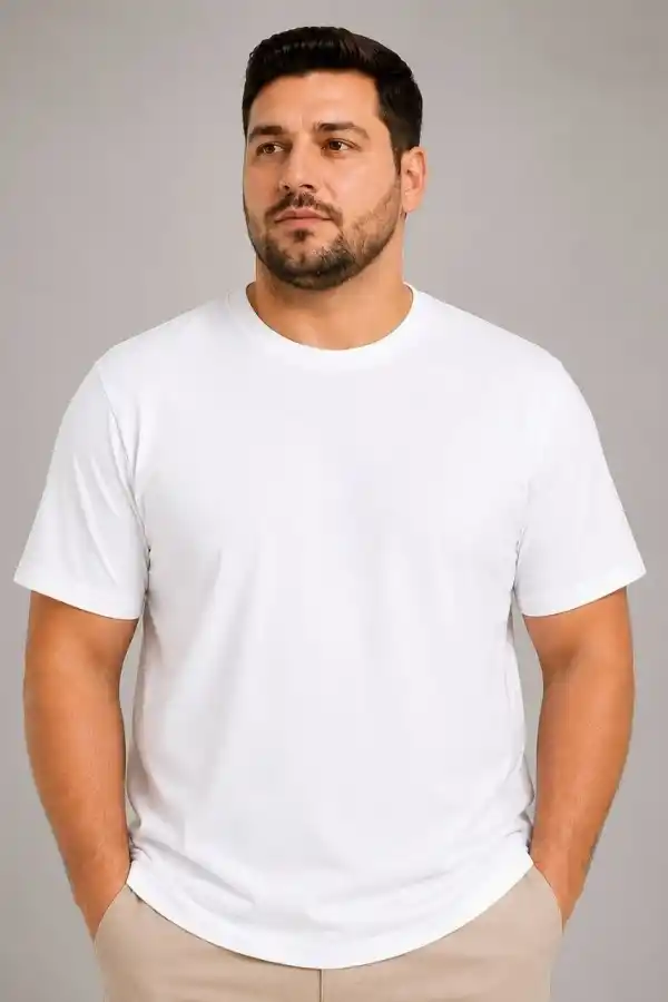 Erkek Battal Big Size Basic Tişört Bisiklet Yaka Rahat Kalıp T-Shirt - Beyaz