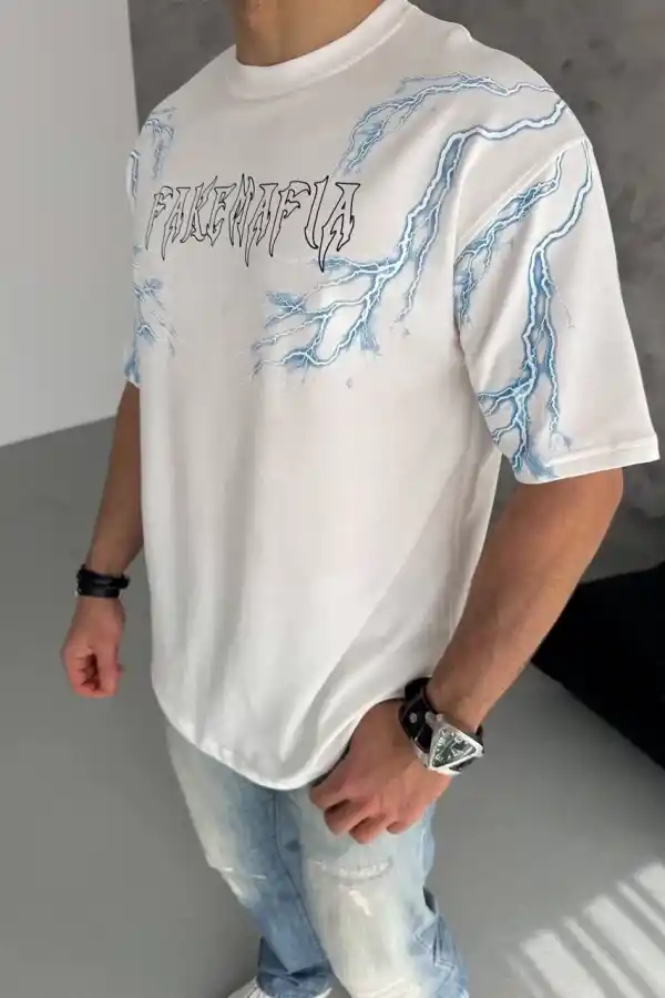 Erkek Bisiklet Yaka Tişört Yıldırım Şimşek Baskılı Kısa Kol T-Shirt - Beyaz
