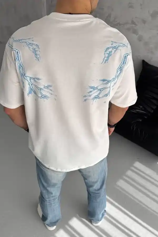 Erkek Bisiklet Yaka Tişört Yıldırım Şimşek Baskılı Kısa Kol T-Shirt - Beyaz