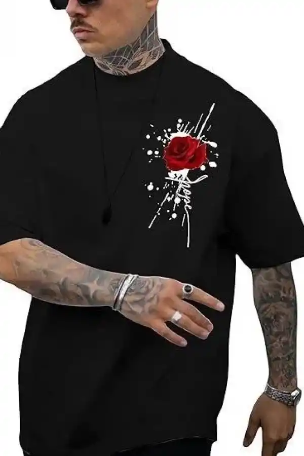 Erkek Kısa Kol Yazlık Tişört Bisiklet Yaka GÜL Baskılı T-Shirt - Siyah