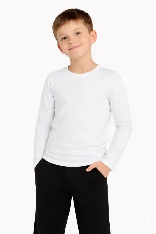 Erkek Çocuk Basic Uzun Kollu Tişört Okul Günlük Rahat T-Shirt - Beyaz
