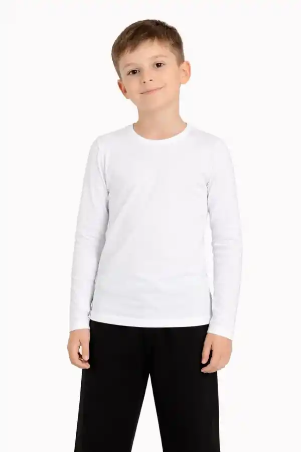 Erkek Çocuk Basic Uzun Kollu Tişört Okul Günlük Rahat T-Shirt - Beyaz