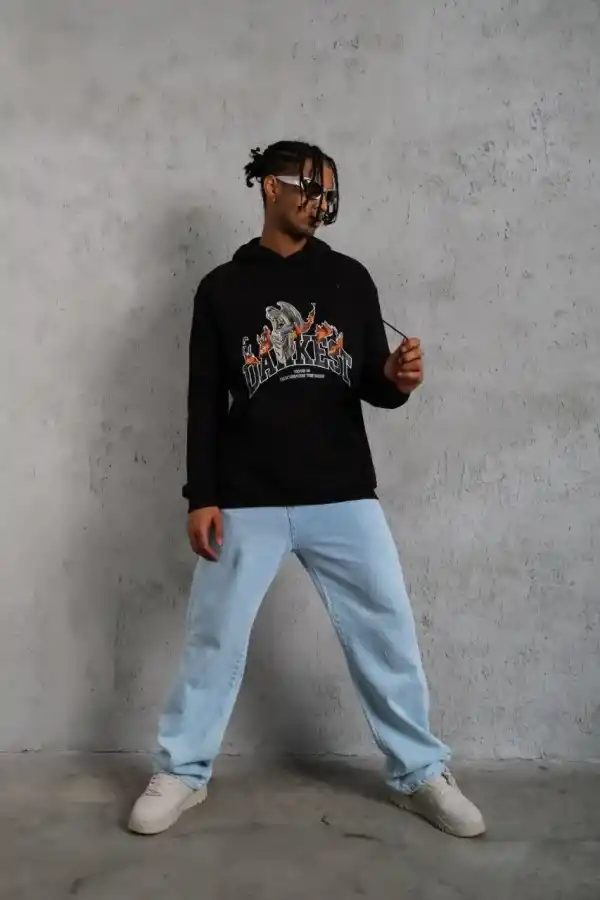 Erkek 3 İplik Pamuklu Kapüşonlu Baskılı Cepli Oversize Sweatshirt Hoodie - Siyah