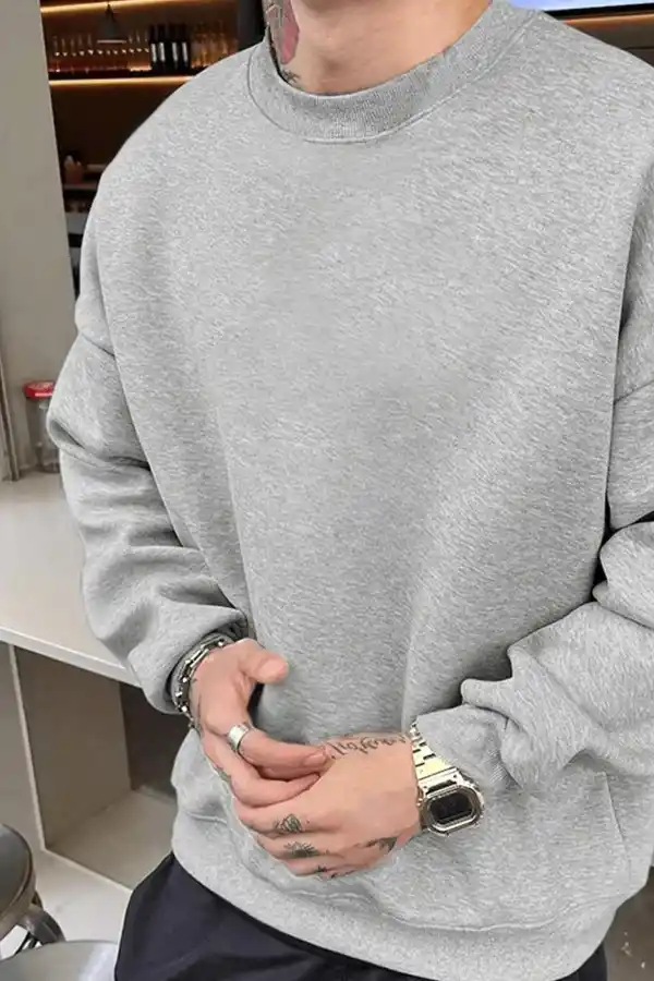 Erkek Düz Bisiklet Yaka 3 iplik pamuklu sweatshirt - Gri