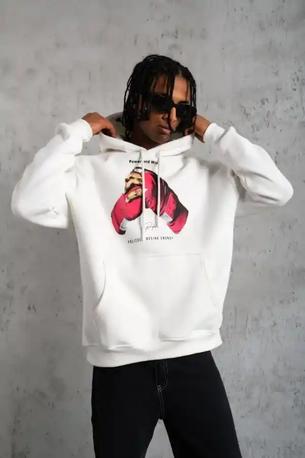 Erkek Kapüşonlu Cepli Boks Eldiven Baskılı 3 İplik Sweatshirt Hoodie - Beyaz