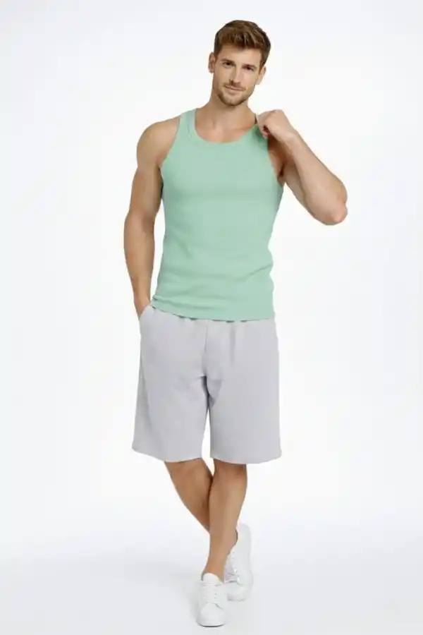 Erkek Fitilli Atlet Sıfır Yaka Slim Fit Arka Baskılı Spor Atlet - Mint Yeşili