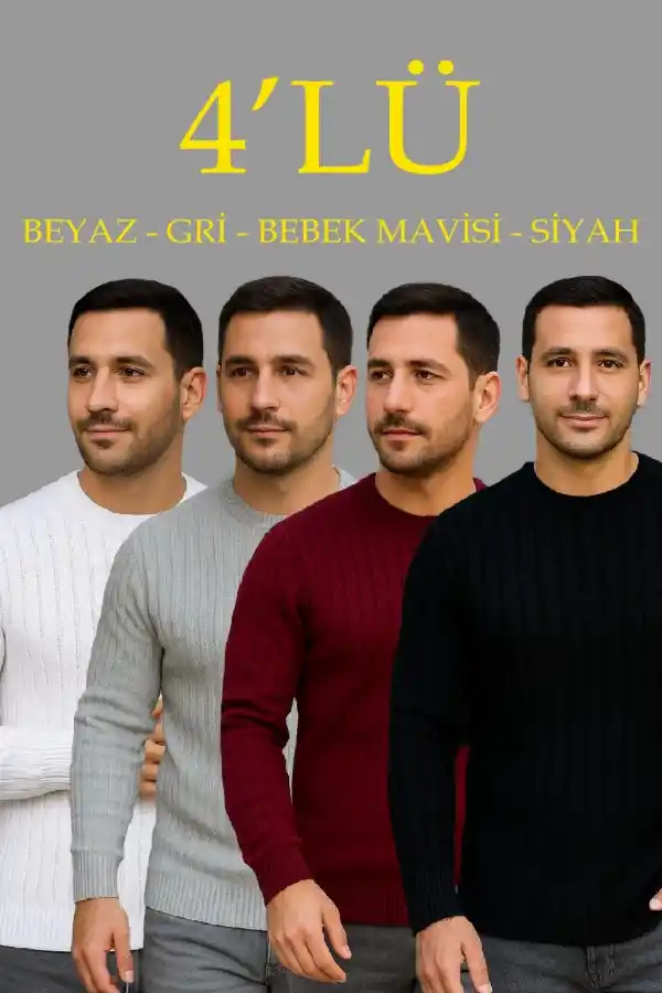 Erkek Fitilli Triko Bisiklet Yaka Kalın Kazak 4lü Set Beyaz-Bordo-Gri-Siyah