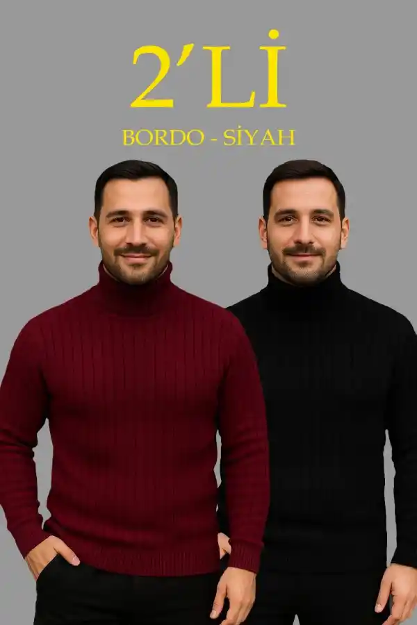 Erkek Fitilli Kazak Tam Boğazlı Balıkçı Yaka Triko 2li Set Bordo-Siyah