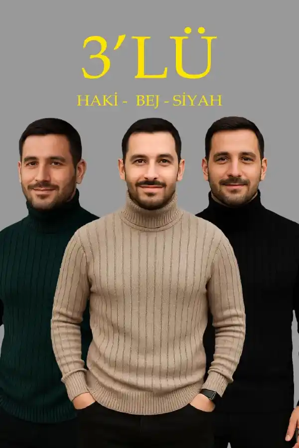Erkek Fitilli Kazak Tam Boğazlı Balıkçı Yaka Triko 3lü Set  Bej-Haki-Siyah