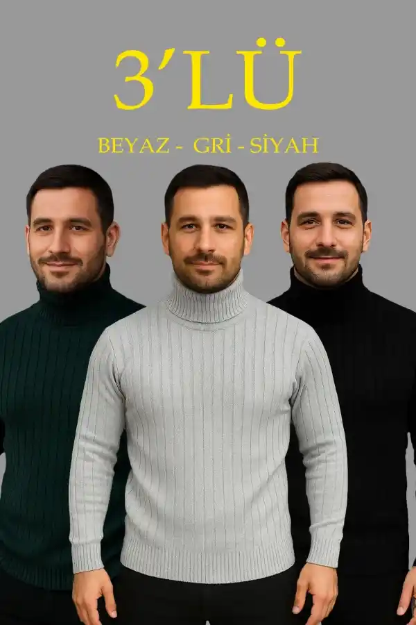 Erkek Fitilli Kazak Tam Boğazlı Balıkçı Yaka Triko 3lü Set  Gri-Haki-Siyah