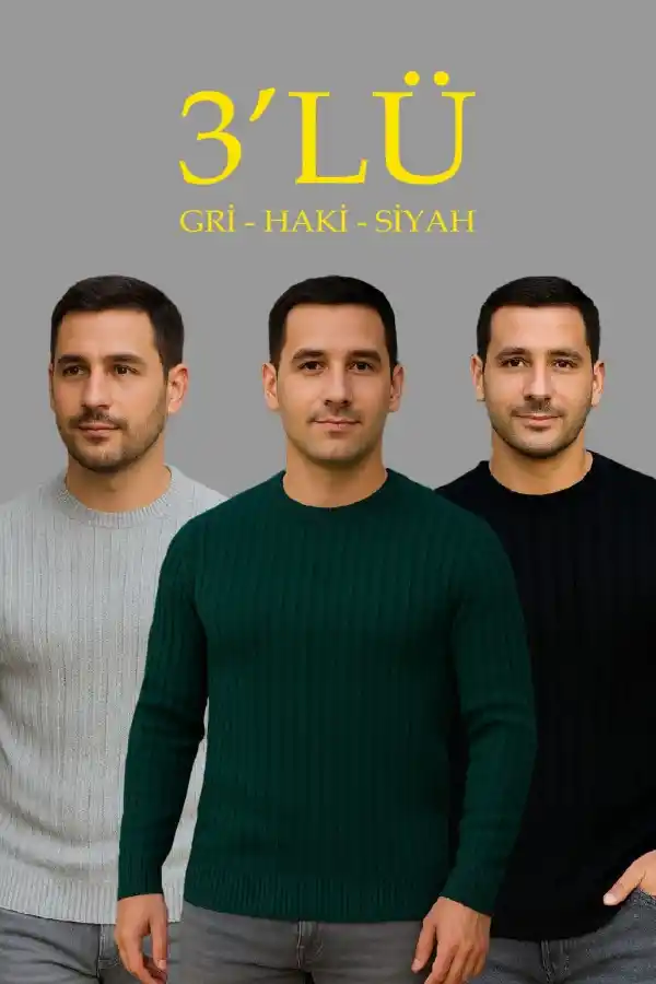 Erkek Fitilli Triko Bisiklet Yaka Kalın Kazak 3lü Set Gri-Haki-Siyah