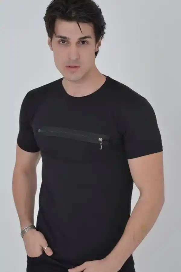 Erkek Gögüs Fermuarlı T-Shirt Kısa Kol Bisiklet Yaka Slimfit Tişört - Siyah