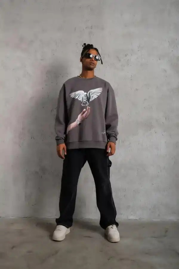 Erkek Güvercin Baskılı 3 iplik pamuklu Bisiklet Yaka Sweatshirt - Gri