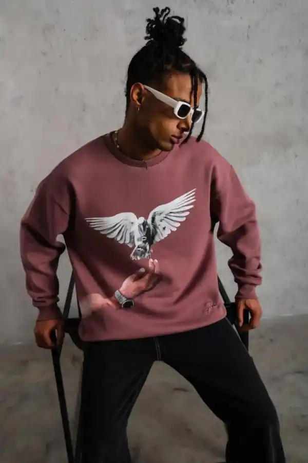 Erkek Güvercin Baskılı Bisiklet Yaka Sweatshirt 3 iplik pamuklu - Gül Kurusu