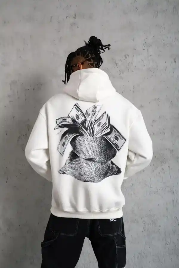 Erkek 3 İplik Pamuklu Kapüşonlu Baskılı Cepli Oversize Sweatshirt Hoodie - Beyaz