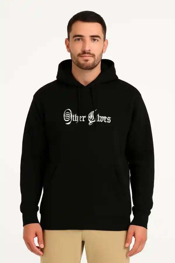 Erkek Kapüşonlu Kanguru Cepli Sweatshirt 3 İplik Pamuklu Baskılı Hoodie - Siyah