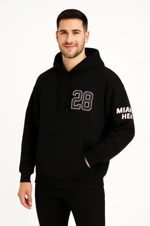Erkek Kapüşonlu Kanguru Cepli Sweatshirt 3 İplik Pamuklu Baskılı Hoodie - Siyah