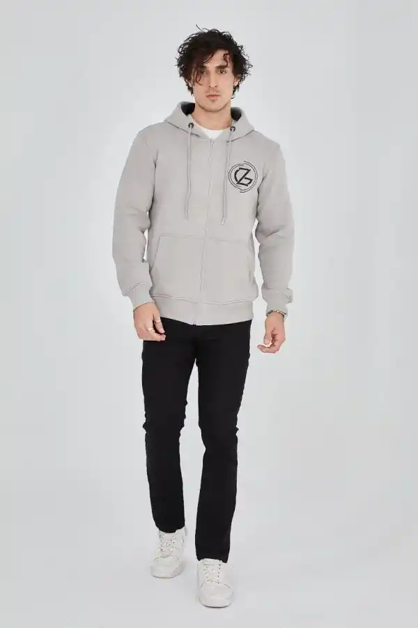 Erkek 3 İplik Pamuklu Fermuarlı Kapüşonlu Kanguru Cepli Baskılı Hoodie Hırka Sweatshirt - Boyalı Gri
