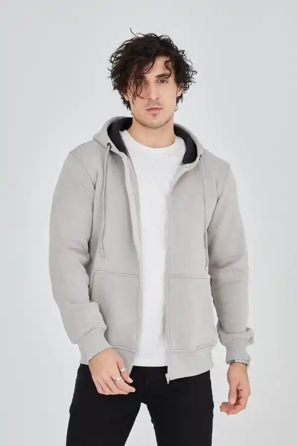 Erkek 3 İplik Pamuklu Fermuarlı Kapüşonlu Kanguru Cepli Hoodie Hırka Sweatshirt - Boyalı Gri