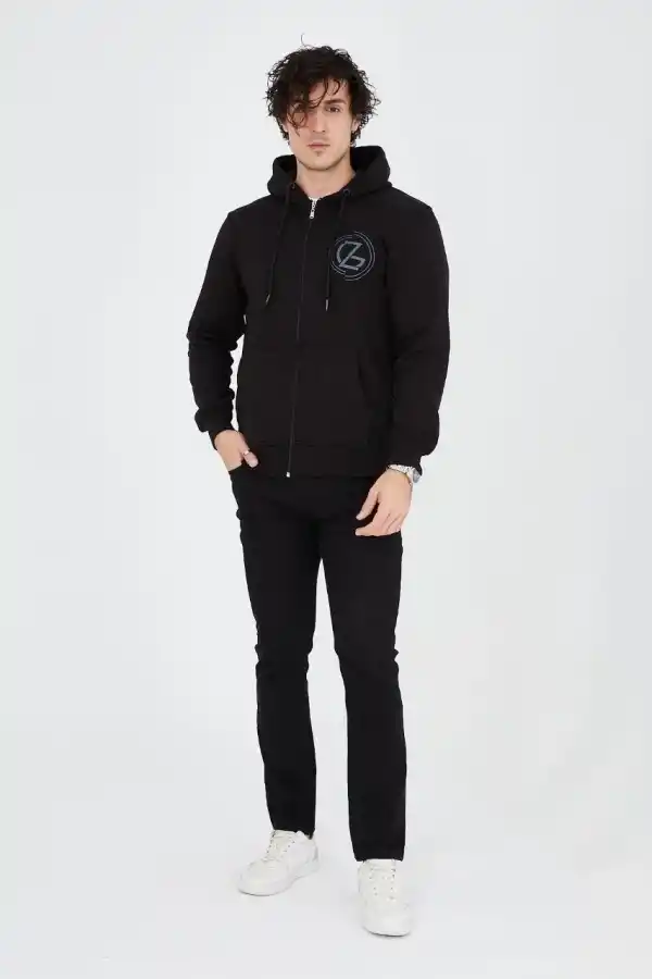 Erkek 3 İplik Pamuklu Fermuarlı Kapüşonlu Kanguru Cepli Baskılı Hoodie Hırka Sweatshirt - Siyah