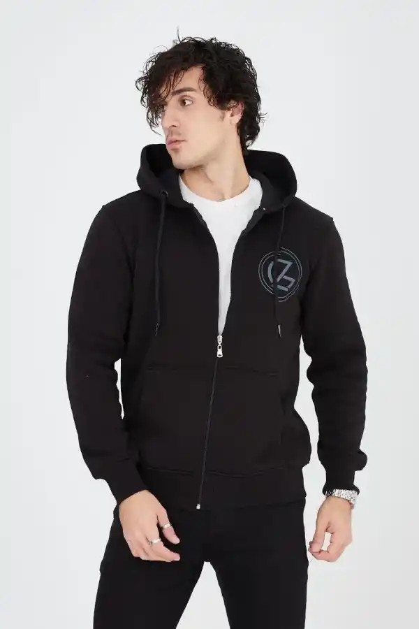 Erkek 3 İplik Pamuklu Fermuarlı Kapüşonlu Kanguru Cepli Baskılı Hoodie Hırka Sweatshirt - Siyah