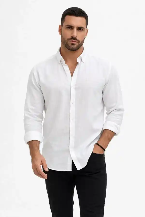 Erkek KETEN Kumaş Uzun Kollu Regular fit Gömlek - Beyaz