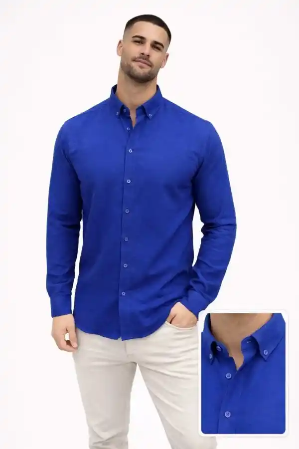 Erkek KETEN Kumaş  Uzun Kollu Regular fit Gömlek - Saks Mavisi