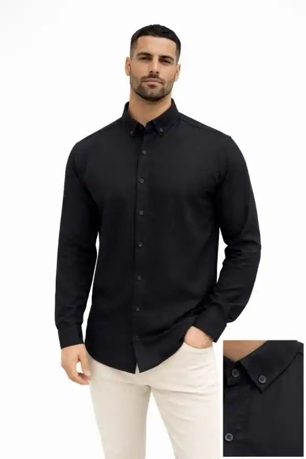 Erkek KETEN Kumaş  Uzun Kollu Regular Fit Gömlek - Siyah