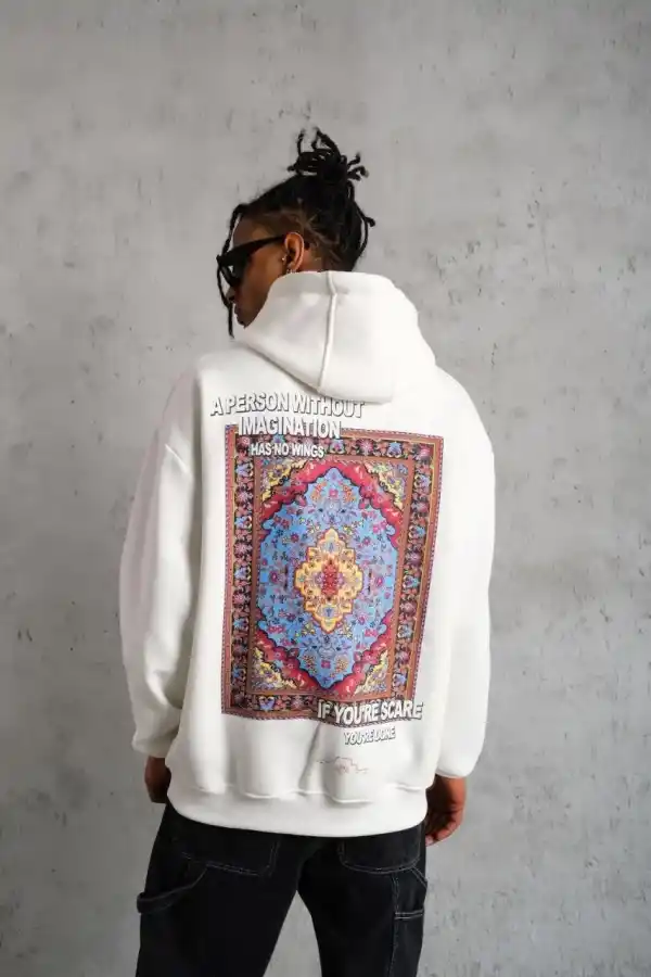 Erkek 3 İplik Pamuklu Kapüşonlu Baskılı Cepli Oversize Sweatshirt Hoodie - Beyaz
