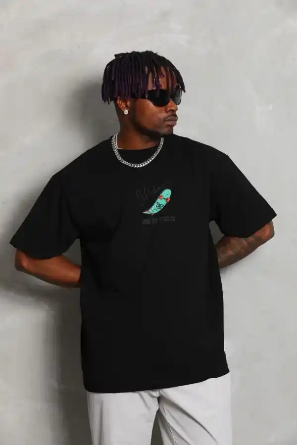 Erkek Baskılı T-Shirt Kısa Kol Bisiklet Yaka Rahat Kalıp Tişört - Siyah