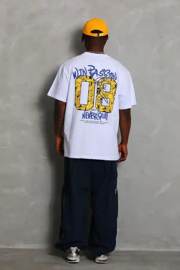 Erkek Baskılı Tişört Kısa Kol Bisiklet Yaka Oversize T-Shirt - Beyaz