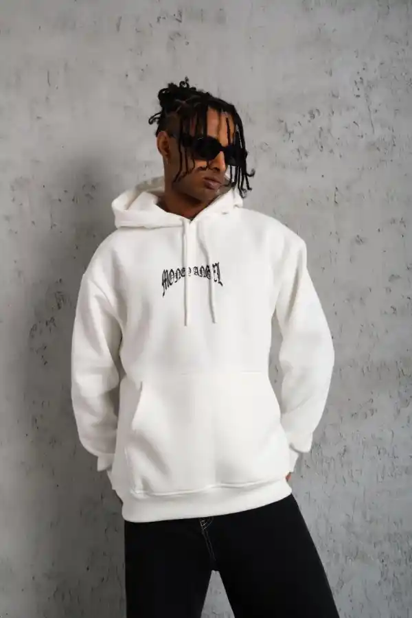 Erkek 3 İplik Pamuklu Baskılı Kapüşonlu Cepli Sweatshirt Hoodie - Beyaz