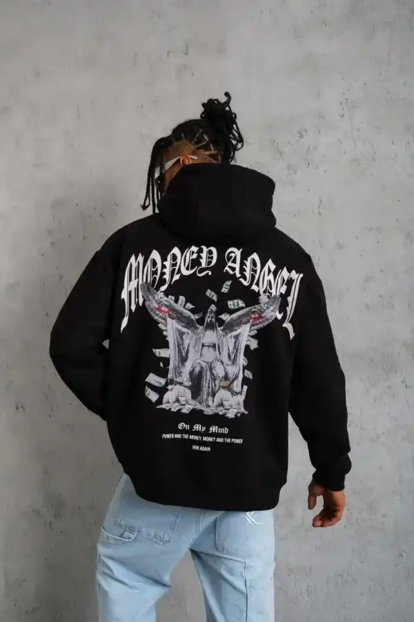 Erkek 3 İplik Pamuklu Baskılı Kapüşonlu Cepli Sweatshirt Hoodie - Siyah