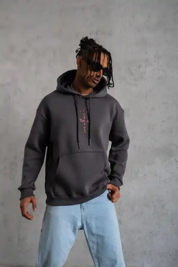 Erkek Kordonlu Arka Maske Kordon Saçlı 3 iplik pamuklu Kapüşonlu sweatshirt - Füme