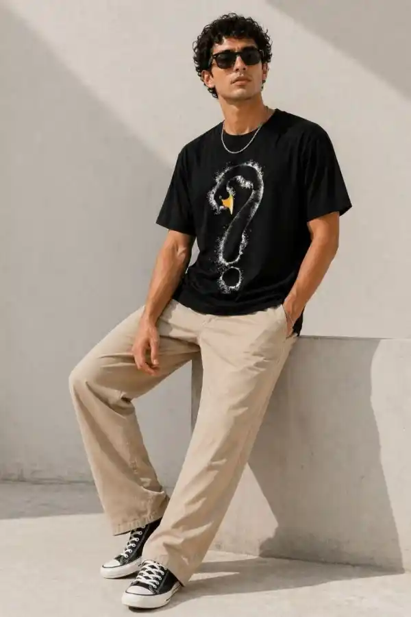 Erkek Kuğu Figürlü Soru İşareti Baskılı Tişört Kısa Kol T-Shirt - Siyah