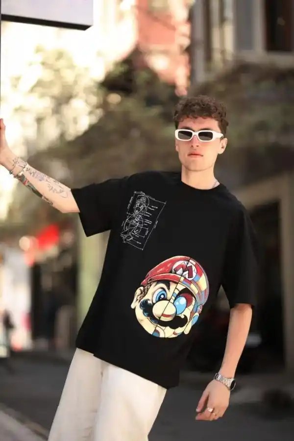 Erkek Mario Baskılı T-Shirt Oversize Kısa kol Bisiklet yaka tişort - Siyah