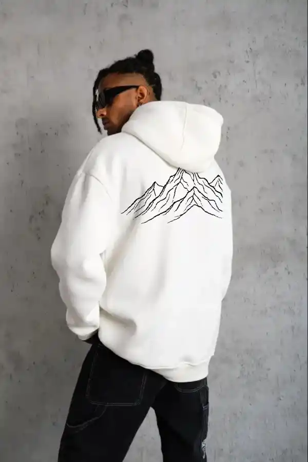 Erkek Nihilist Penguen Baskılı 3 İplik Pamuklu Kapüşonlu Sweatshirt Hoodie Beyaz