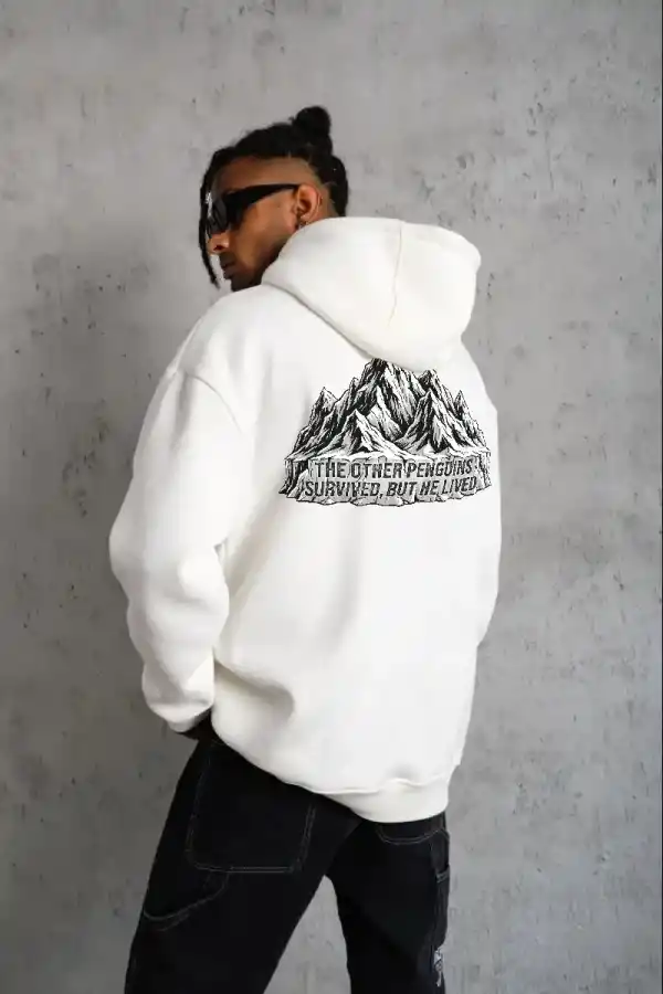 Erkek Nihilist Penguen Baskılı 3 İplik Pamuklu Kapüşonlu Sweatshirt Hoodie Beyaz