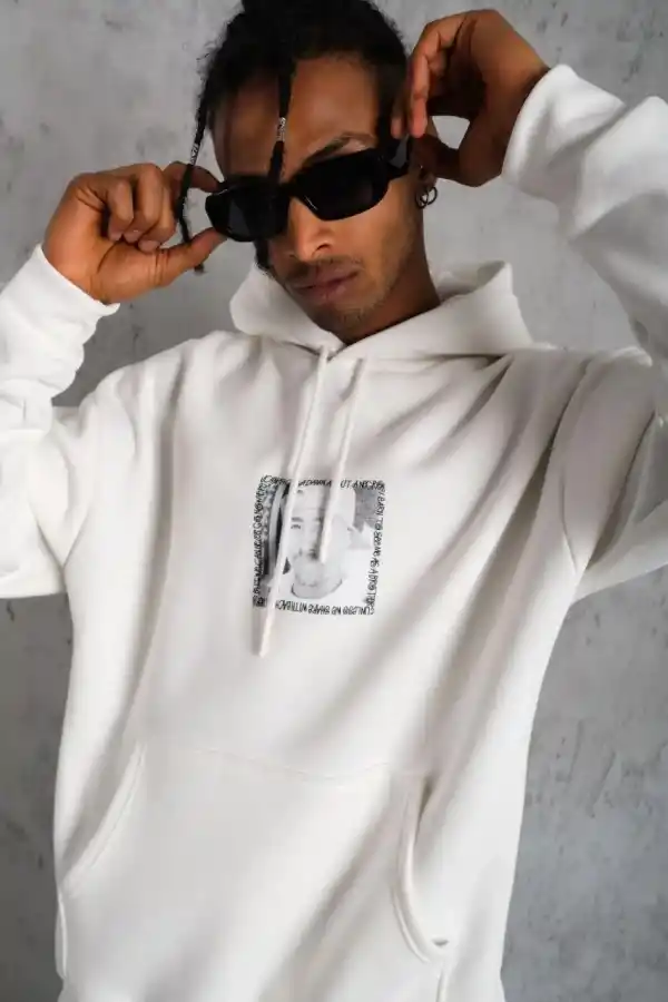Erkek 3 İplik Pamuklu Kapüşonlu Baskılı Cepli Oversize Sweatshirt Hoodie - Beyaz