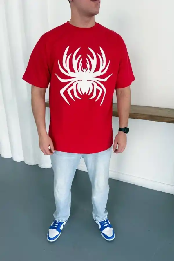 Erkek Örümcek Baskılı Tişört Kısa Kollu Bisiklet Yaka T-Shirt - Kırmızı