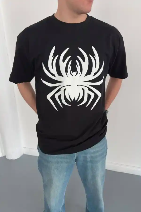 Erkek Örümcek Baskılı Tişört Kısa Kollu Bisiklet Yaka T-Shirt - Siyah