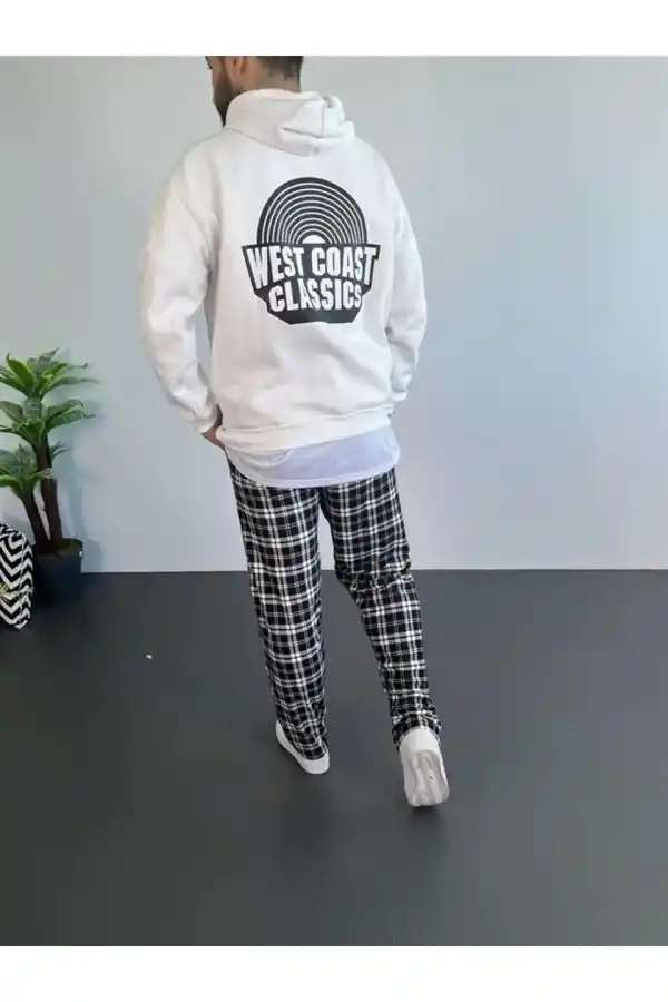 Erkek Kapüşonlu Kanguru Cepli Sweatshirt 3 İplik Pamuklu Baskılı Hoodie - Beyaz