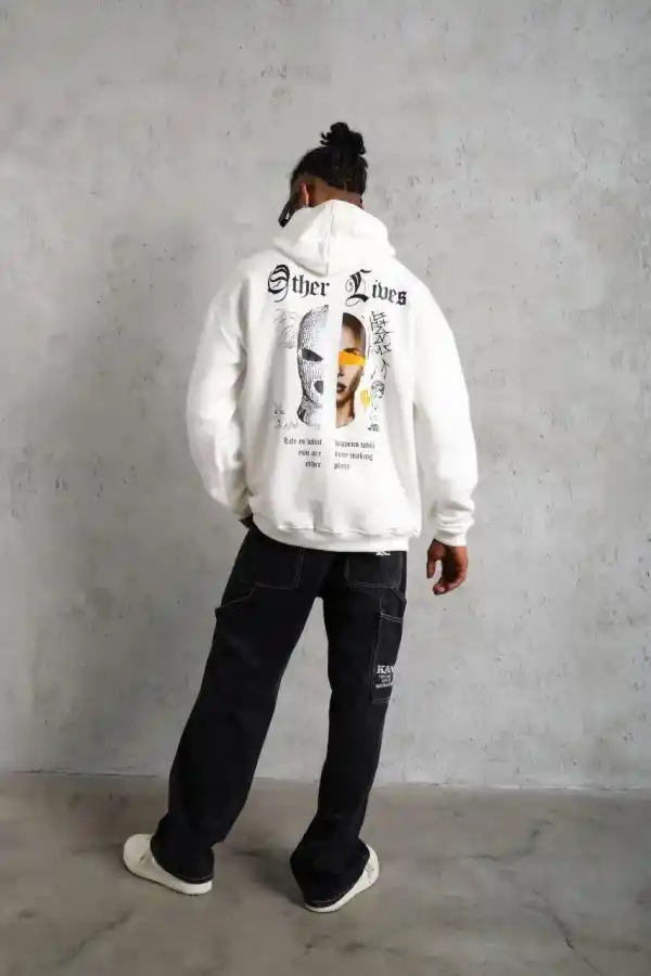 Erkek Kapüşonlu Kanguru Cepli Sweatshirt 3 İplik Pamuklu Baskılı Hoodie - Beyaz