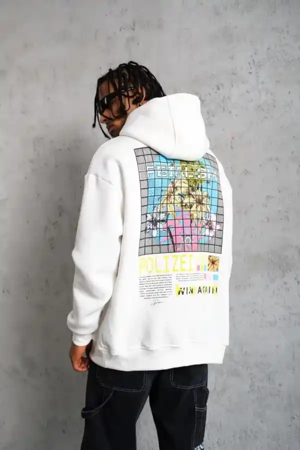 Erkek 3 İplik Pamuklu Kapüşonlu Baskılı Cepli Oversize Sweatshirt Hoodie - Beyaz