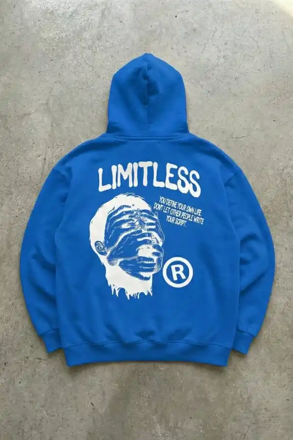 Erkek Baskılı Kapüşonlu Cepli Hoodie 3 İplik Pamuklu Sweatshirt - Saks Mavisi