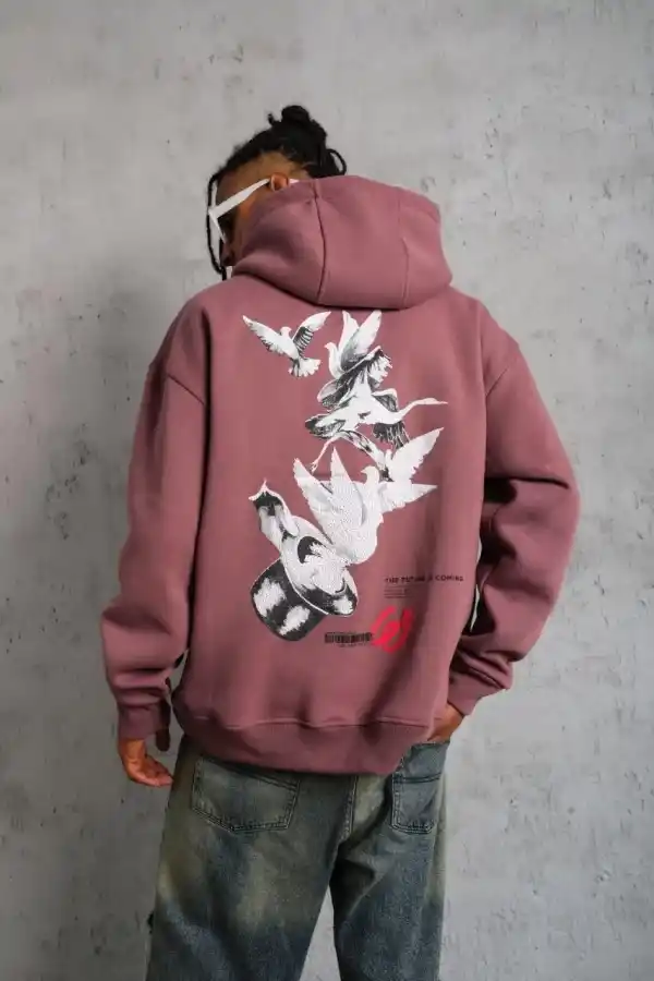 Erkek 3 İplik Pamuklu Kapüşonlu Baskılı Cepli Oversize Sweatshirt Hoodie - Gül Kurusu