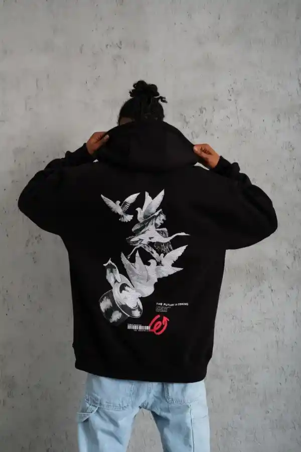 Erkek 3 İplik Pamuklu Kapüşonlu Baskılı Cepli Oversize Sweatshirt Hoodie - Siyah