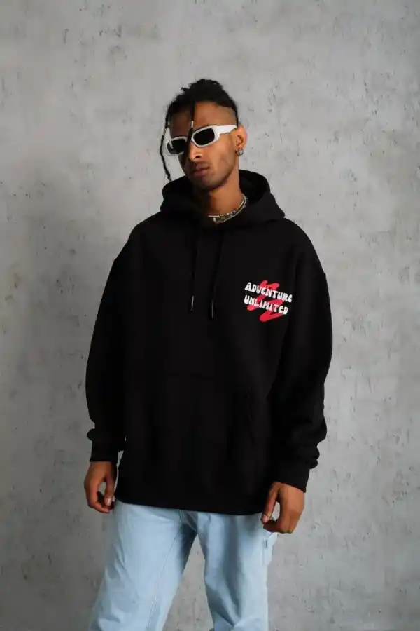 Erkek 3 İplik Pamuklu Kapüşonlu Baskılı Cepli Oversize Sweatshirt Hoodie - Siyah