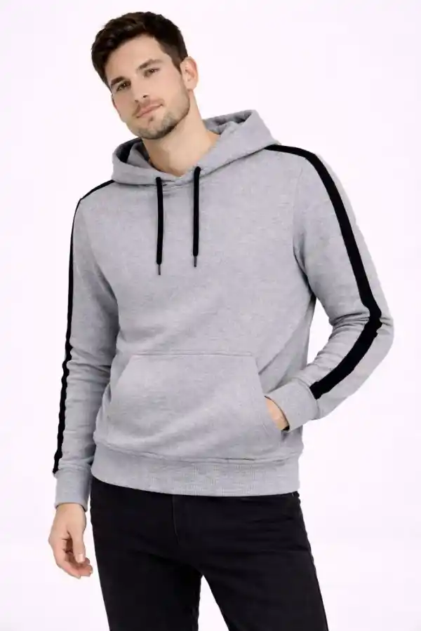 Erkek Şeritli Kapüşonlu Sweatshirt Oversize 3 iplik Pamuklu Hoodie - Gri
