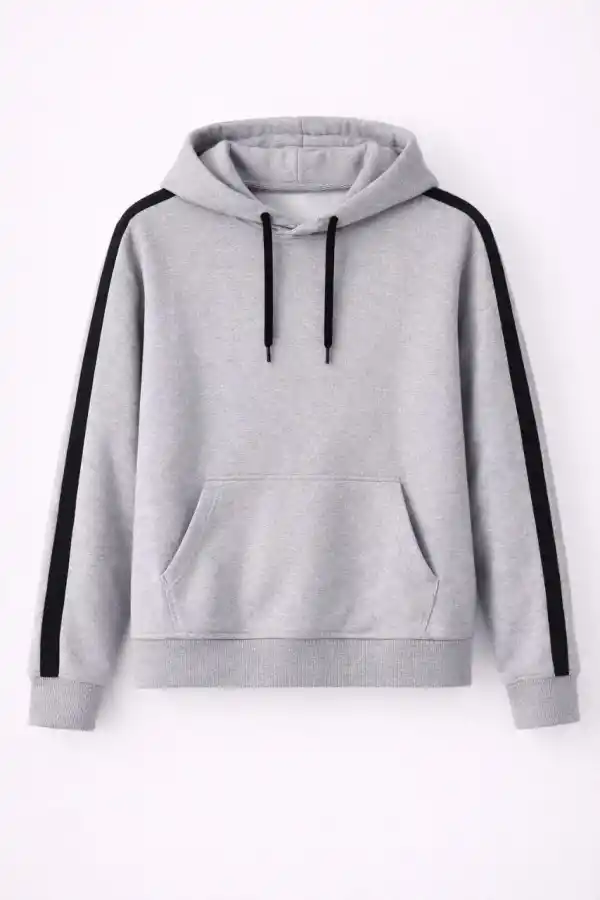 Erkek Şeritli Kapüşonlu Sweatshirt Oversize 3 iplik Pamuklu Hoodie - Gri